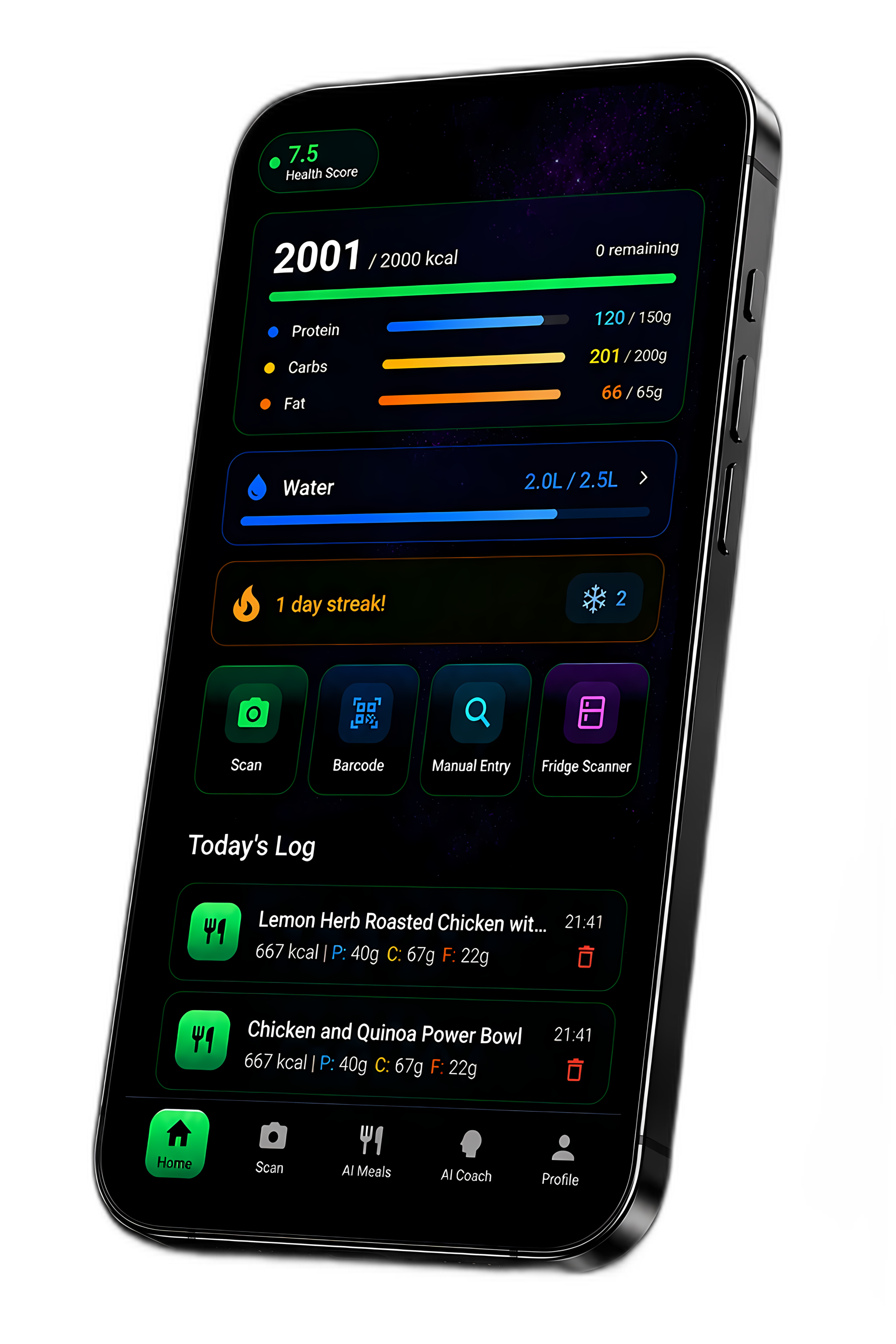 FitHamAI home dashboard with calorie tracking, macros, streak, and quick actions